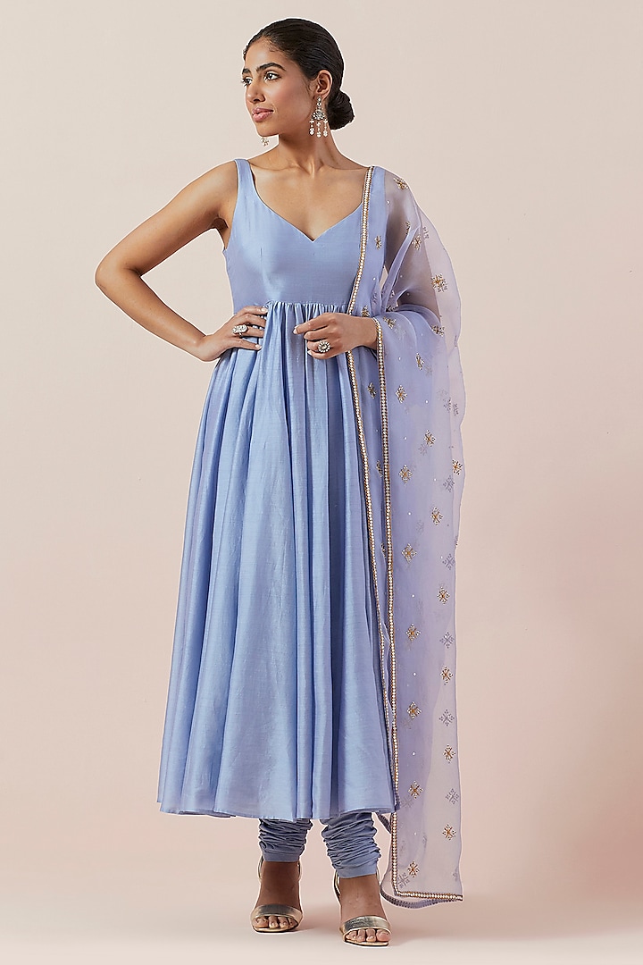 Hyacinth Blue Chanderi Anarkali Set by Priyal Prakash at Pernia's Pop Up Shop