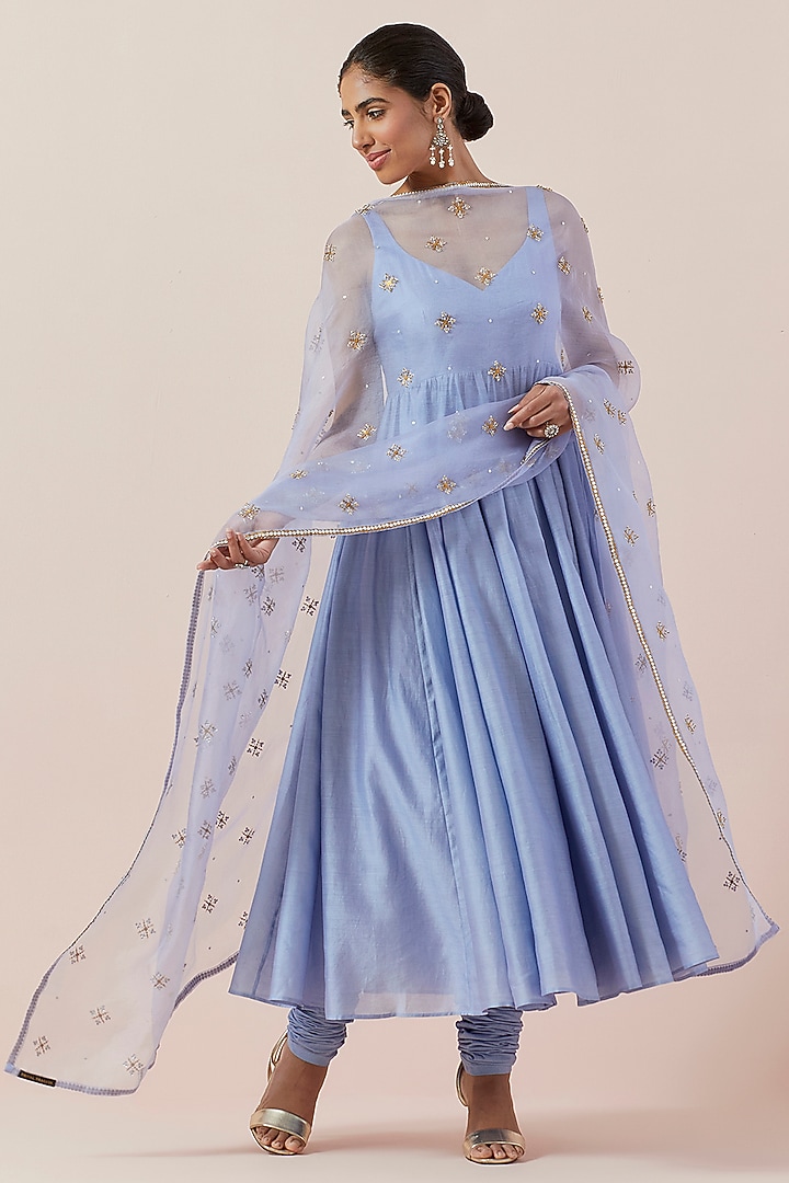 Hyacinth Blue Chanderi Party Wear Anarkali Set by Priyal Prakash at Pernia's Pop Up Shop