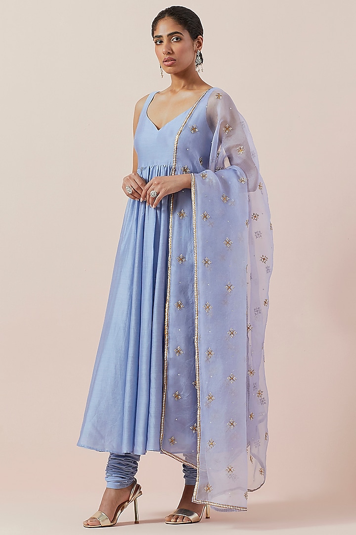 Hyacinth Blue Chanderi Party Wear Anarkali Set by Priyal Prakash at Pernia's Pop Up Shop