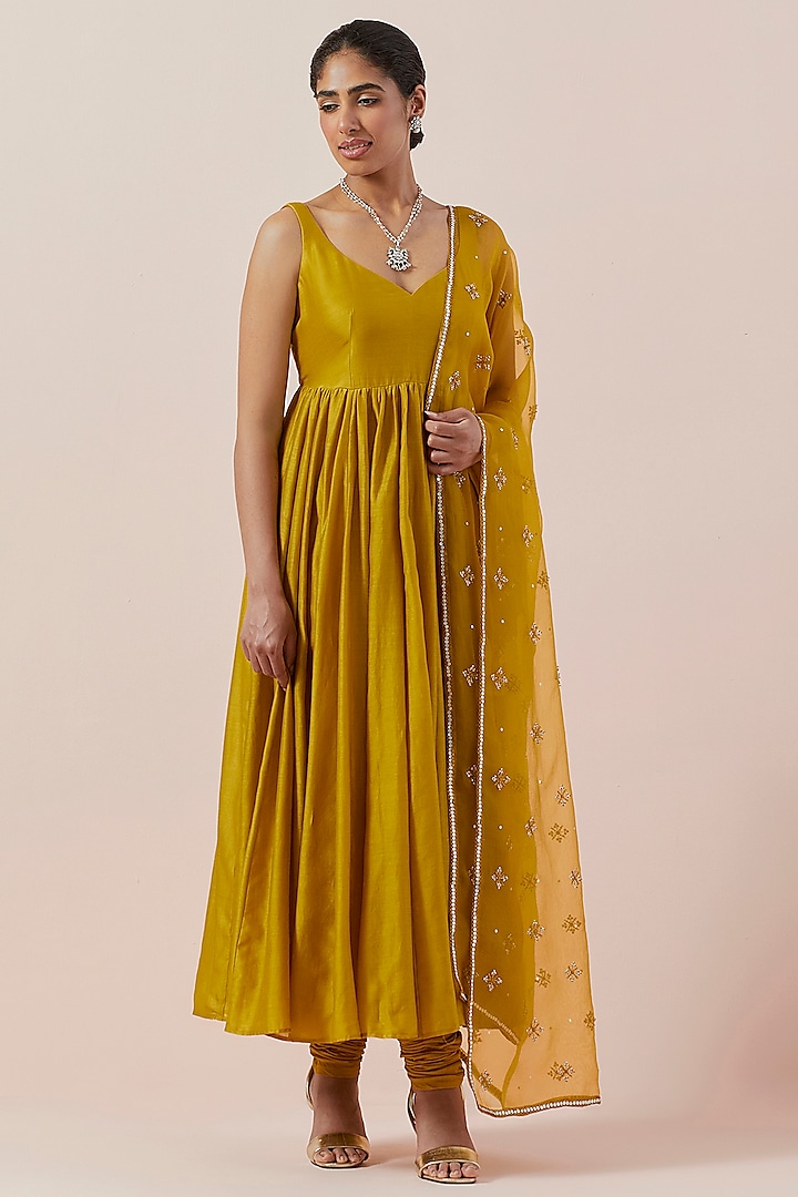 Mustard Chanderi Anarkali Set by Priyal Prakash at Pernia's Pop Up Shop