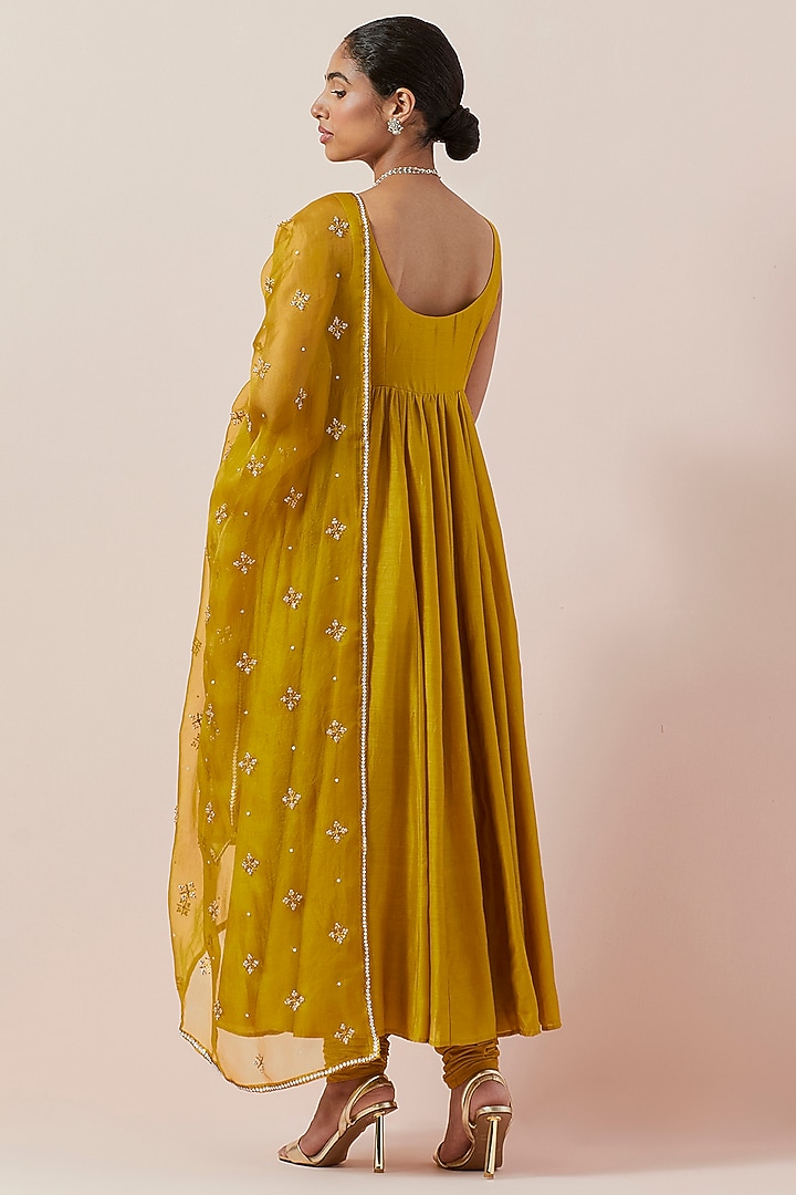 Mustard Chanderi Party Wear Anarkali Set by Priyal Prakash at Pernia's Pop Up Shop