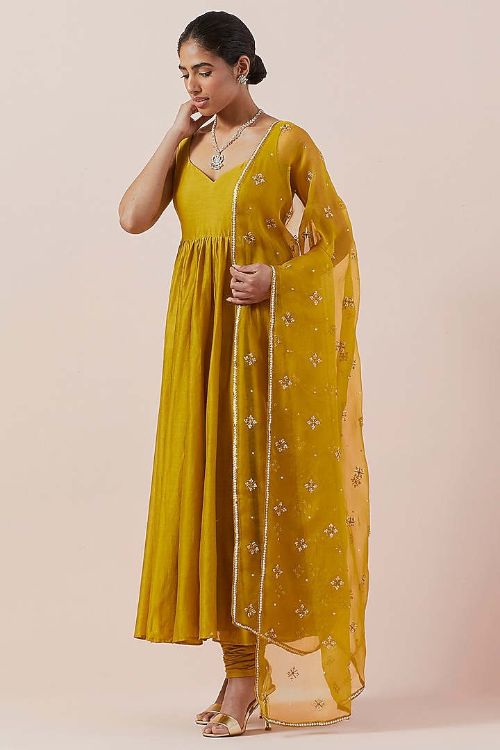 Mustard Chanderi Party Wear Anarkali Set by Priyal Prakash at Pernia's Pop Up Shop