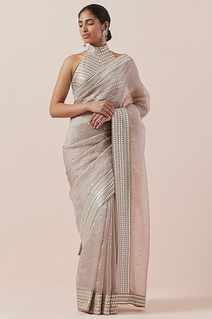 Taupe Silk Organza Hand Embroidered Saree Set by Priyal Prakash at Pernia's Pop Up Shop