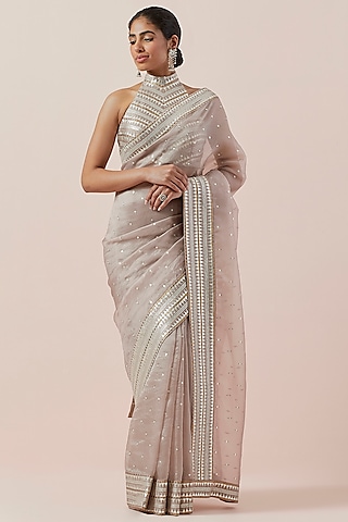 Taupe Silk Organza Hand Embroidered Saree Set by Priyal Prakash