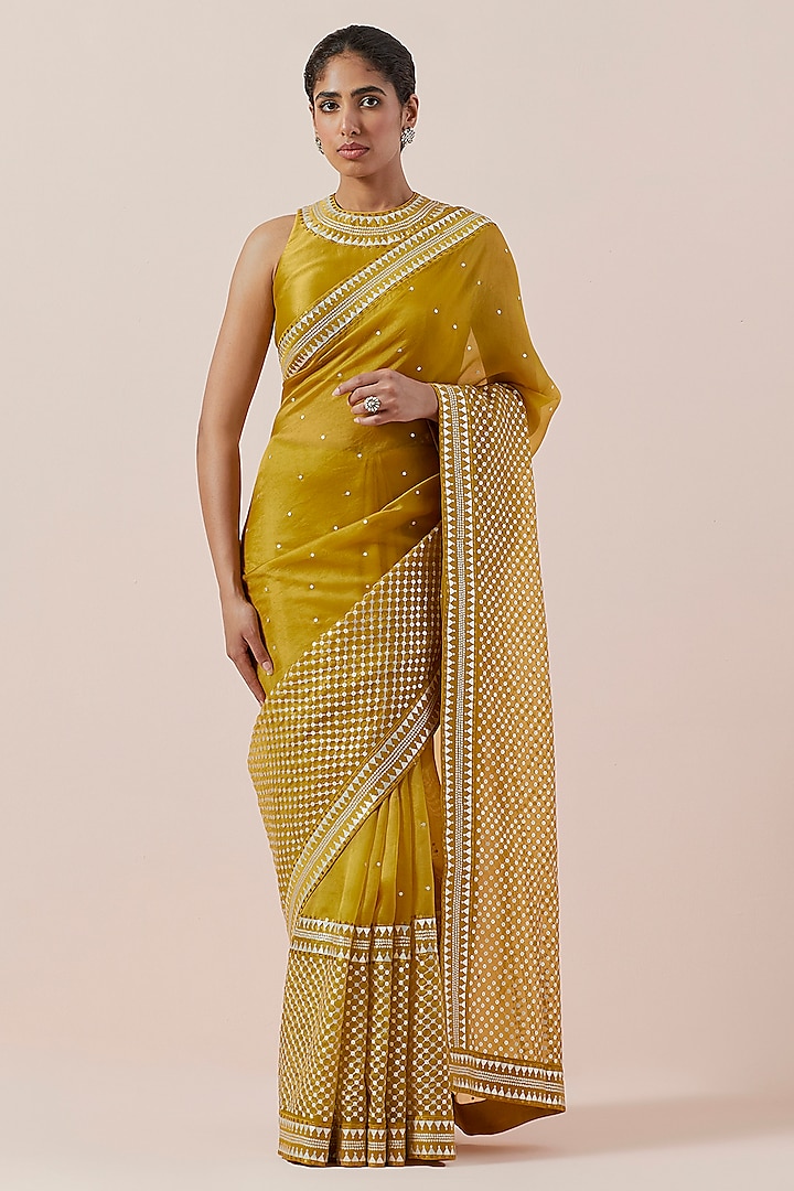 Mustard Silk Organza Hand Embroidered Saree Set by Priyal Prakash at Pernia's Pop Up Shop