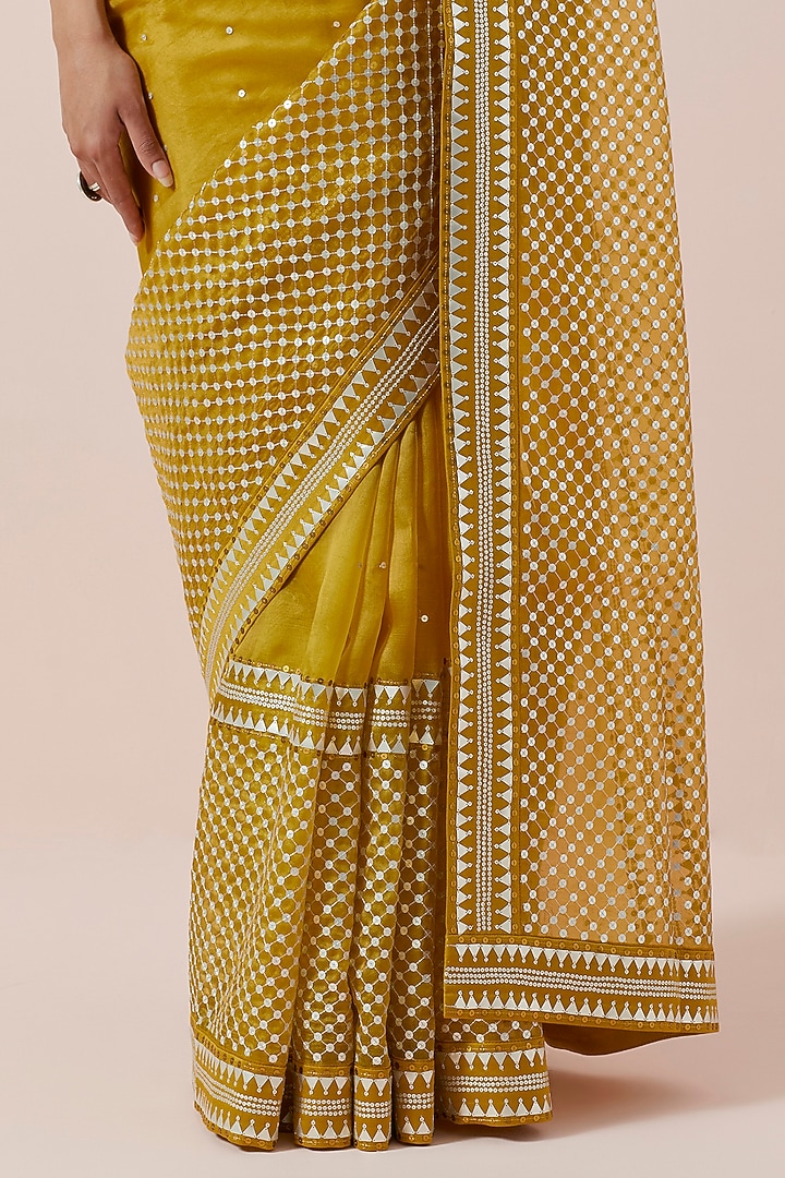 Mustard Silk Organza Hand Embroidered Wedding Saree Set by Priyal Prakash at Pernia's Pop Up Shop