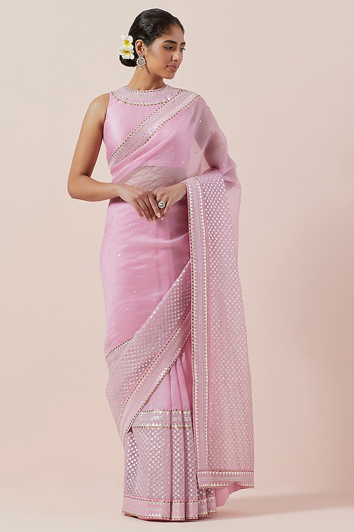 Orchid Pink Silk Organza Hand Embroidered Saree Set by Priyal Prakash at Pernia's Pop Up Shop