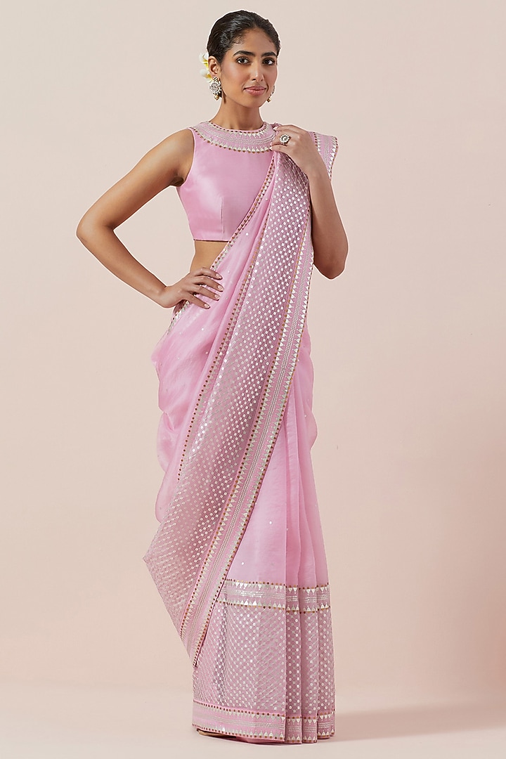 Orchid Pink Silk Organza Hand Embroidered Wedding Saree Set by Priyal Prakash at Pernia's Pop Up Shop
