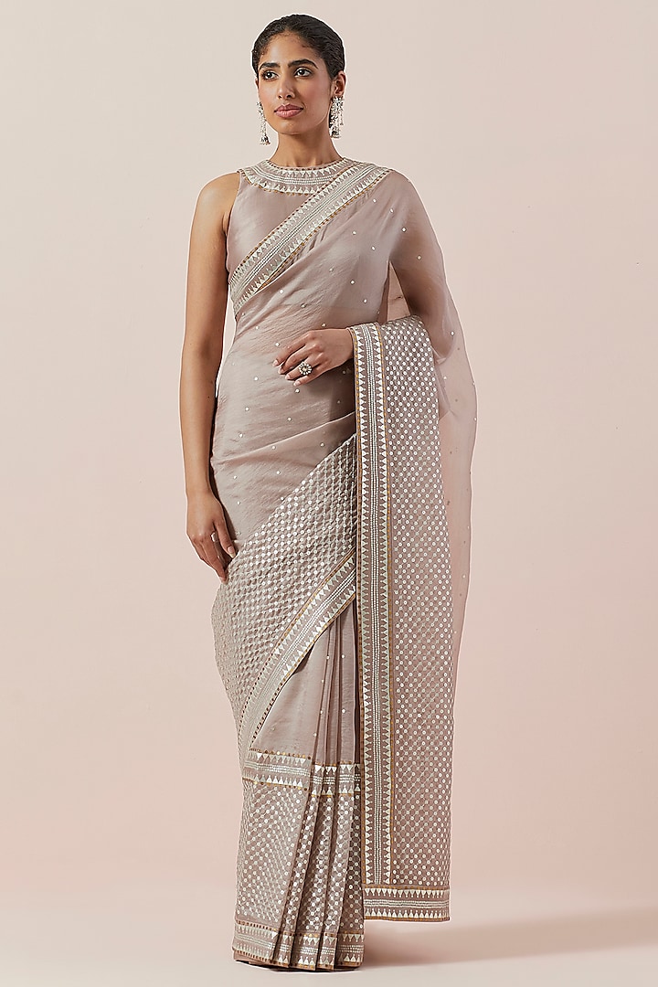 Taupe Silk Organza Hand Embroidered Saree Set by Priyal Prakash at Pernia's Pop Up Shop