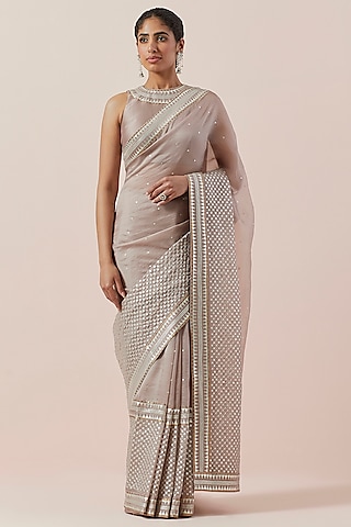 Taupe Silk Organza Hand Embroidered Saree Set by Priyal Prakash