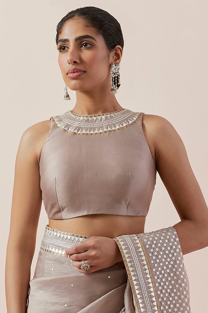 Taupe Silk Organza Hand Embroidered Wedding Saree Set by Priyal Prakash at Pernia's Pop Up Shop