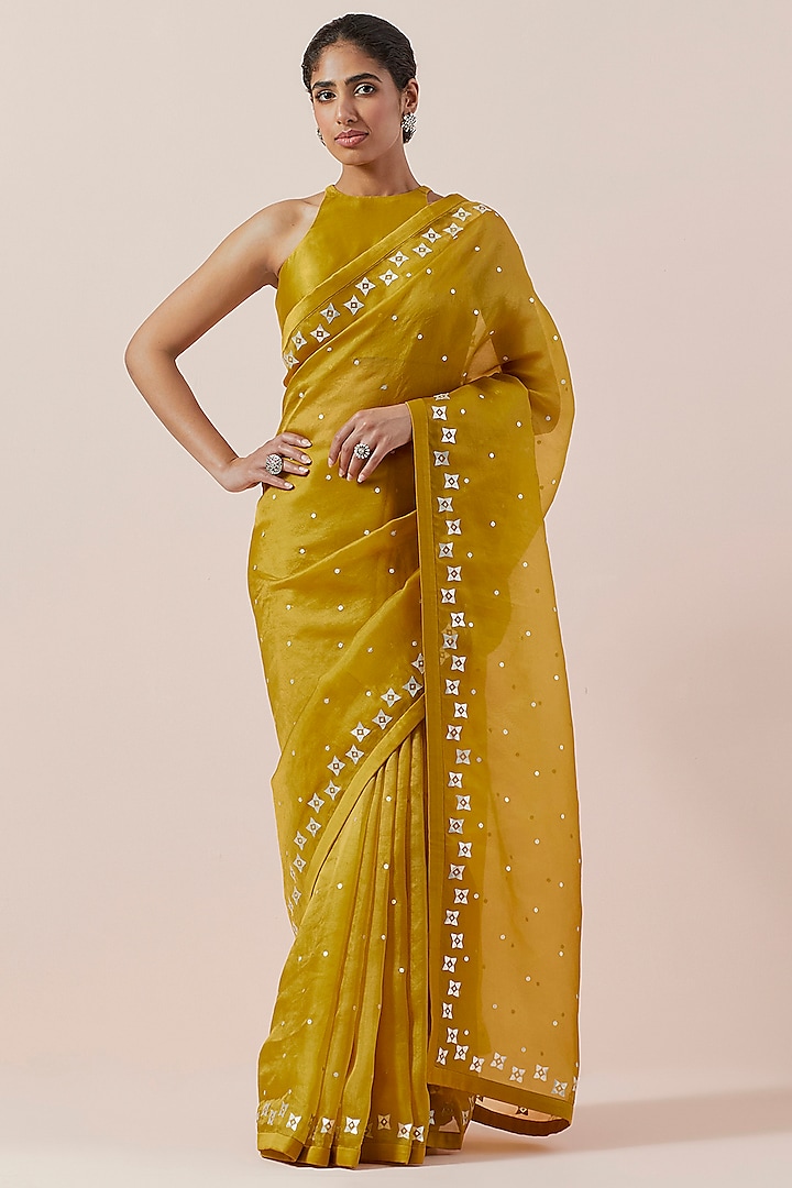 Mustard Silk Organza Hand Embroidered Saree Set by Priyal Prakash at Pernia's Pop Up Shop