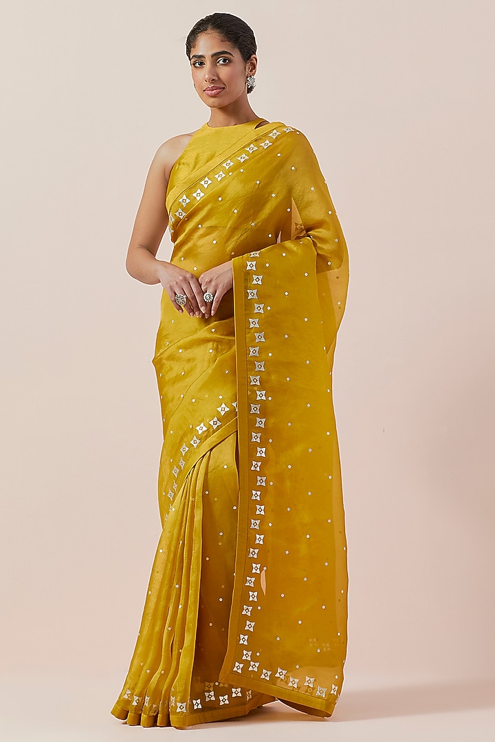 Mustard Silk Organza Hand Embroidered Party Wear Saree Set by Priyal Prakash at Pernia's Pop Up Shop