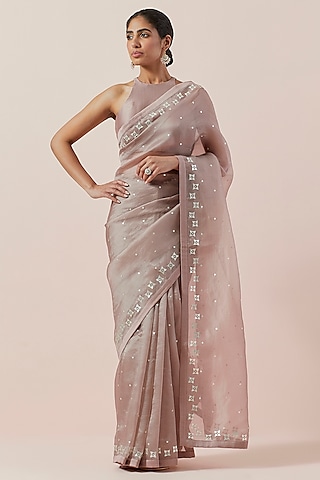 Taupe Silk Organza Hand Embroidered Saree Set by Priyal Prakash