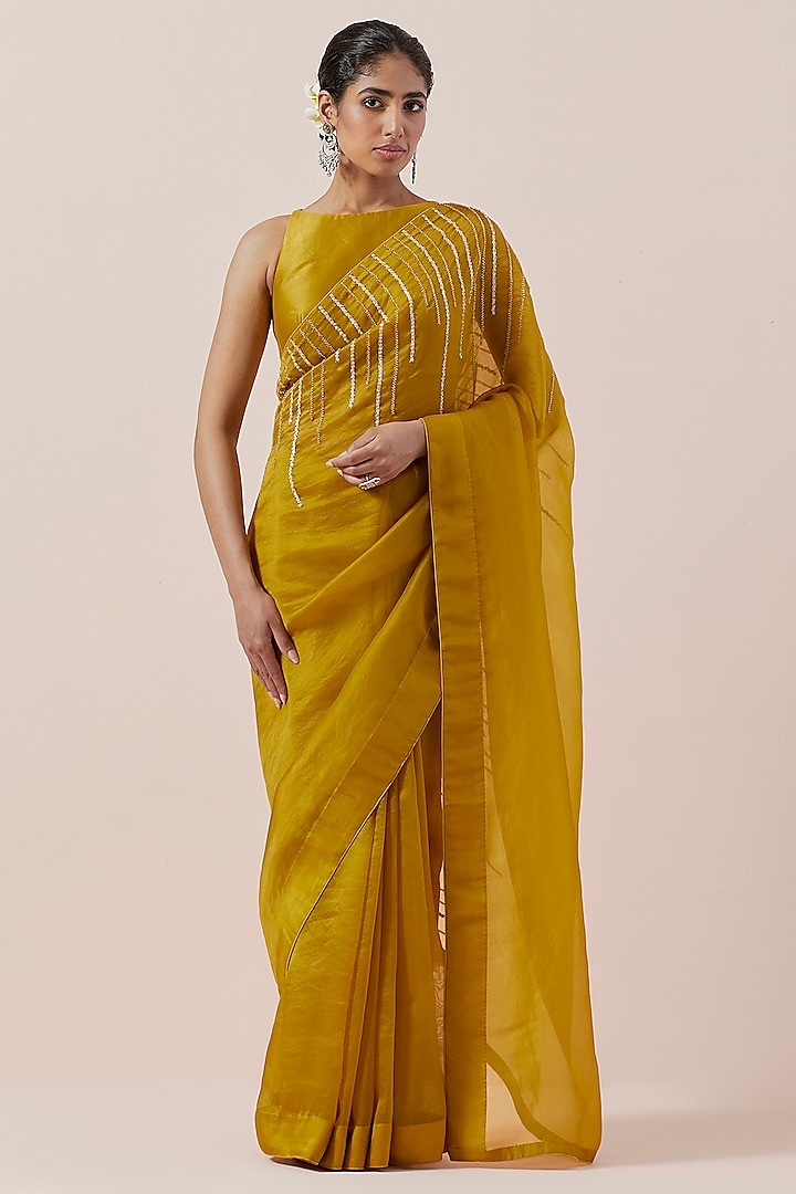 Mustard Silk Organza Hand Embroidered Saree Set by Priyal Prakash at Pernia's Pop Up Shop