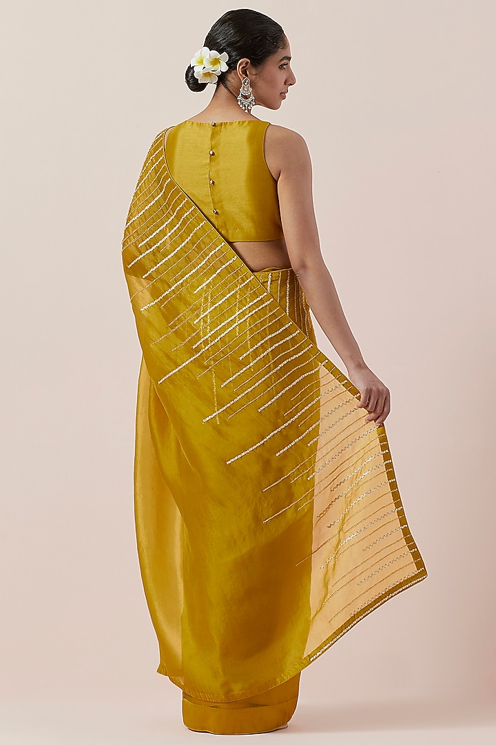 Mustard Silk Organza Hand Embroidered Party Wear Saree Set by Priyal Prakash at Pernia's Pop Up Shop