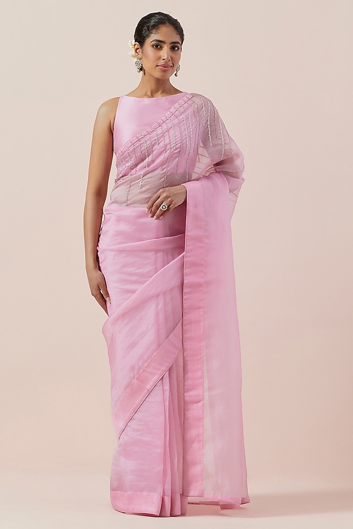 Orchid Pink Silk Organza Hand Embroidered Saree Set by Priyal Prakash at Pernia's Pop Up Shop