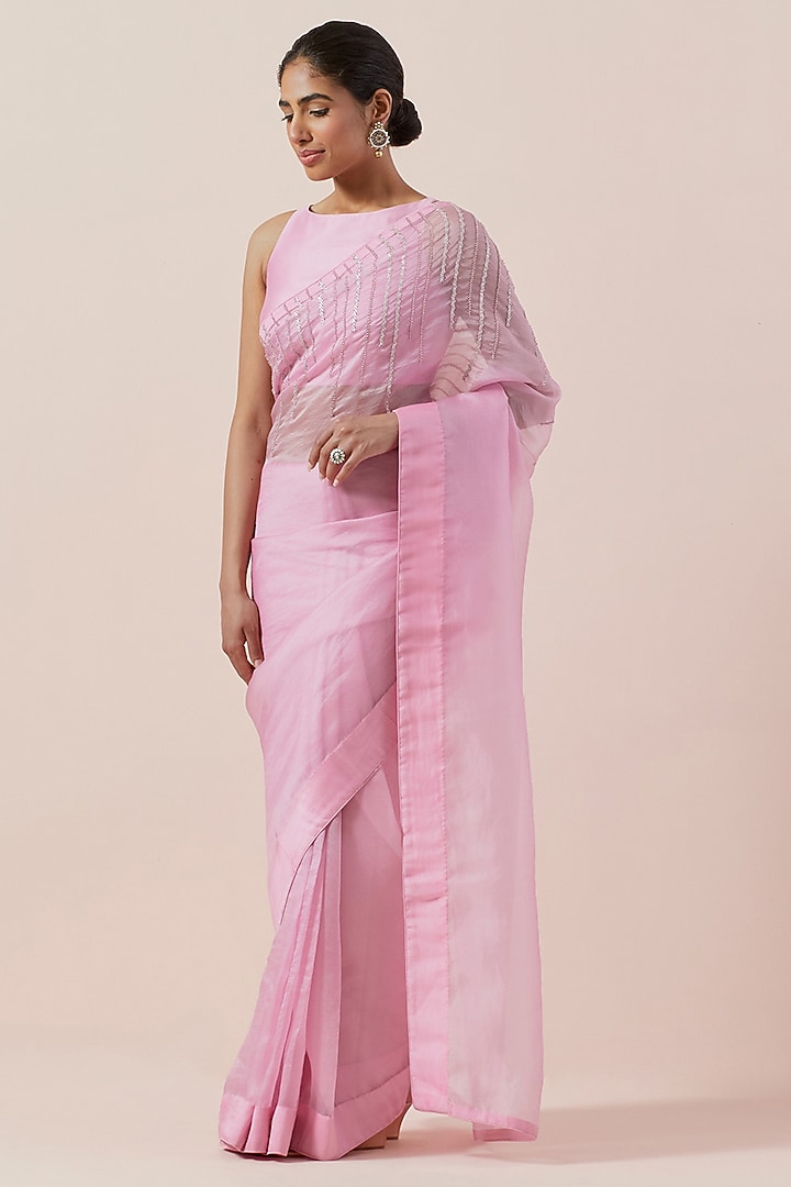 Orchid Pink Silk Organza Hand Embroidered Party Wear Saree Set by Priyal Prakash at Pernia's Pop Up Shop