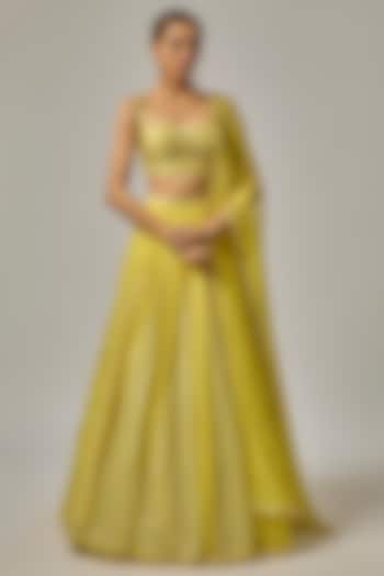 Lemon Yellow Organza Hand Embroidered Wedding Lehenga Set by Priyal Prakash at Pernia's Pop Up Shop