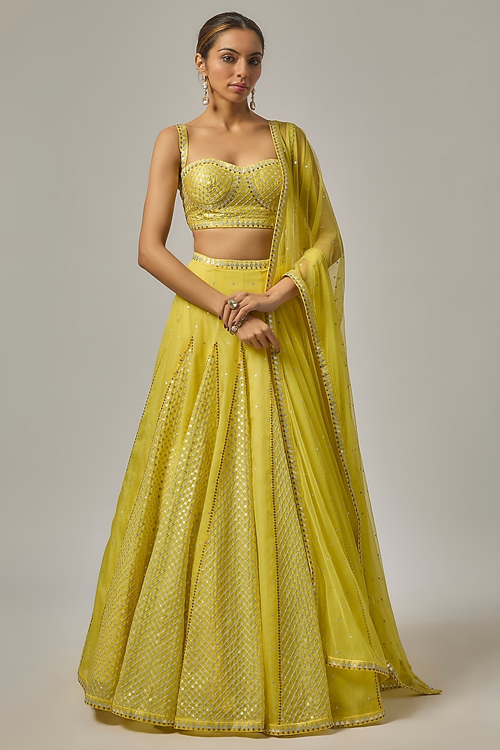 Lemon Yellow Organza Hand Embroidered Wedding Lehenga Set by Priyal Prakash at Pernia's Pop Up Shop