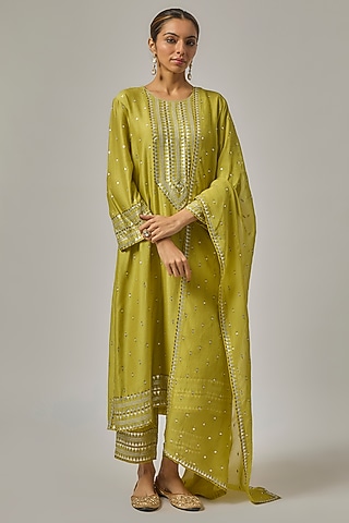 Pistachio Green Chanderi Zardosi Embroidered A-Line Kurta Set by Priyal Prakash