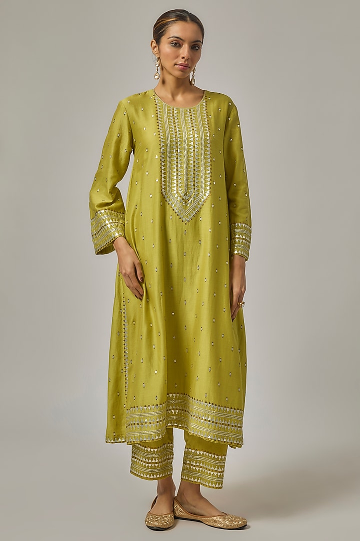 Pistachio Green Chanderi Zardosi Embroidered A-Line Kurta Set by Priyal Prakash at Pernia's Pop Up Shop