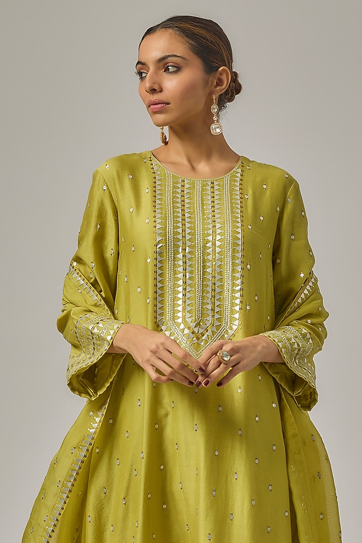 Pistachio Green Chanderi Zardosi Embroidered A-Line Kurta Set by Priyal Prakash at Pernia's Pop Up Shop