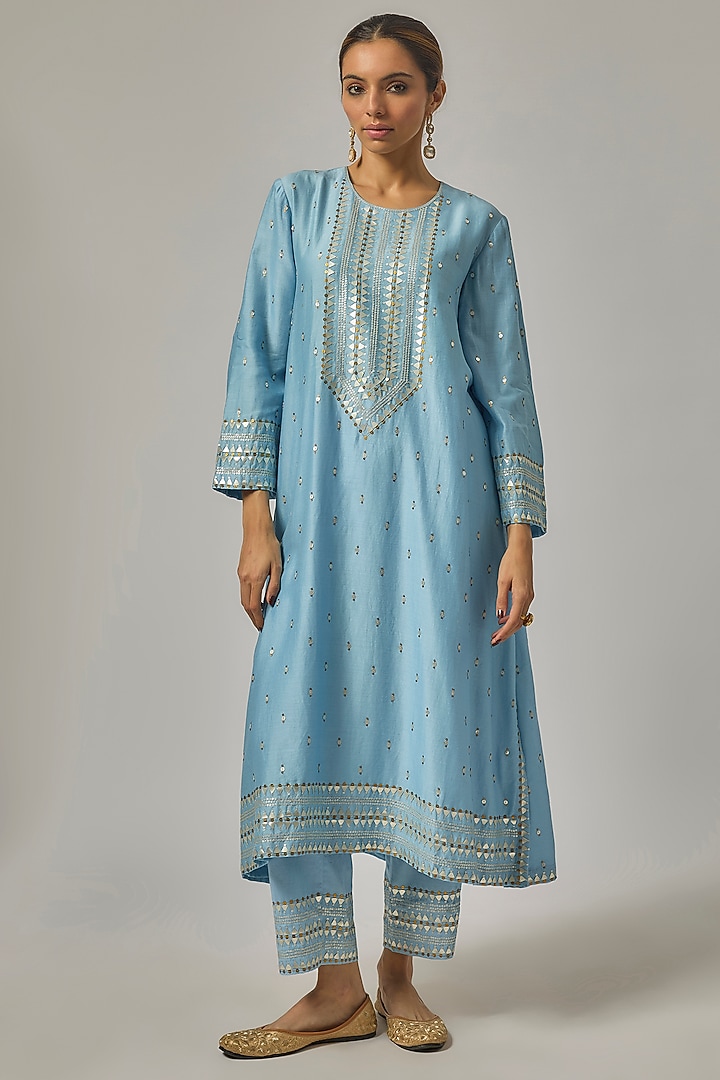 Sky Blue Chanderi Hand Embroidered Kurta Set by Priyal Prakash at Pernia's Pop Up Shop