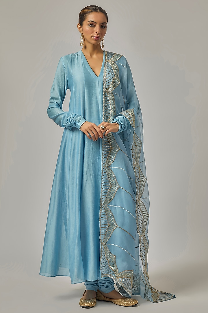 Sky Blue Chanderi Wedding Anarkali Set by Priyal Prakash at Pernia's Pop Up Shop