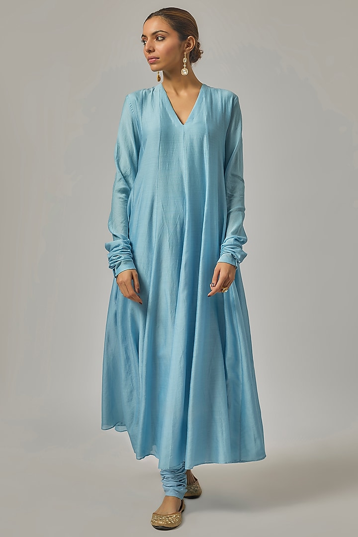 Sky Blue Chanderi Wedding Anarkali Set by Priyal Prakash at Pernia's Pop Up Shop