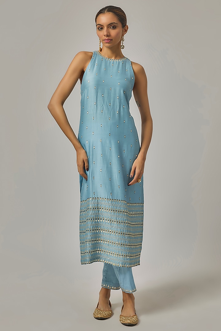 Sky Blue Chanderi Hand Embroidered Kurta Set by Priyal Prakash at Pernia's Pop Up Shop