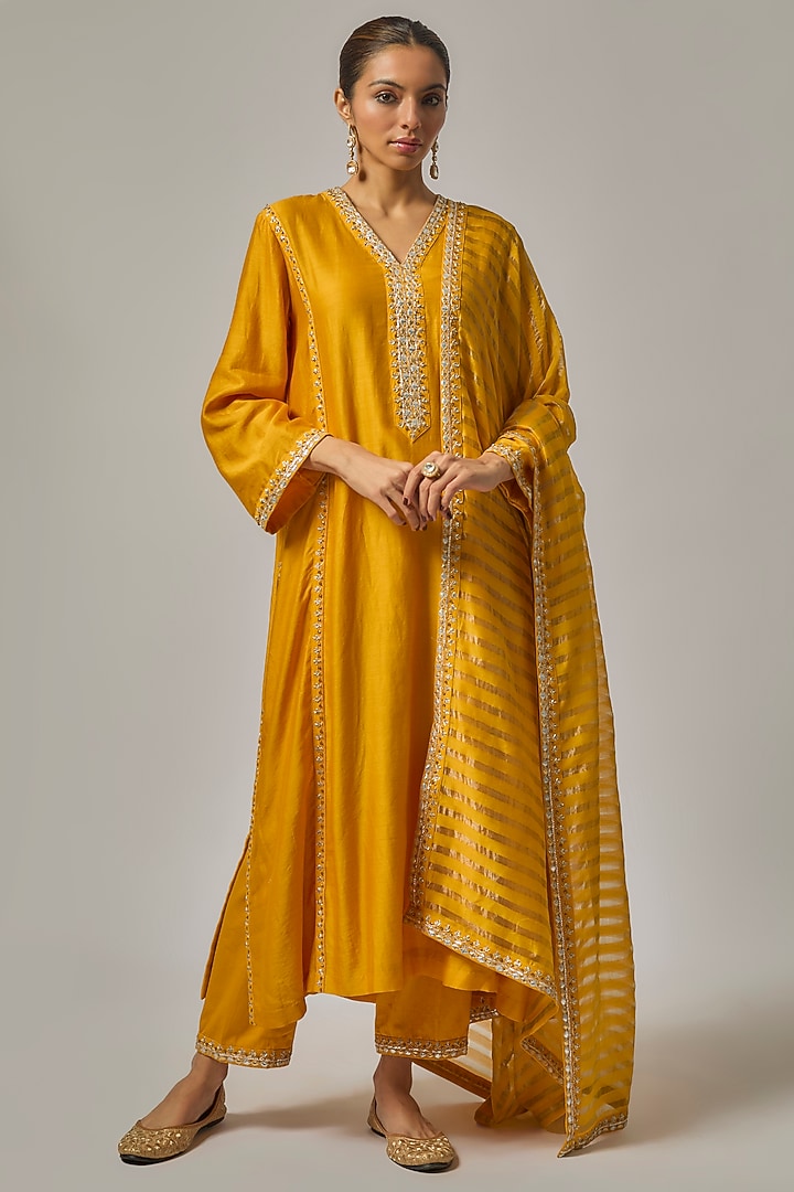 Turmeric Yellow Chanderi Zardosi Embroidered A-Line Kurta Set by Priyal Prakash at Pernia's Pop Up Shop