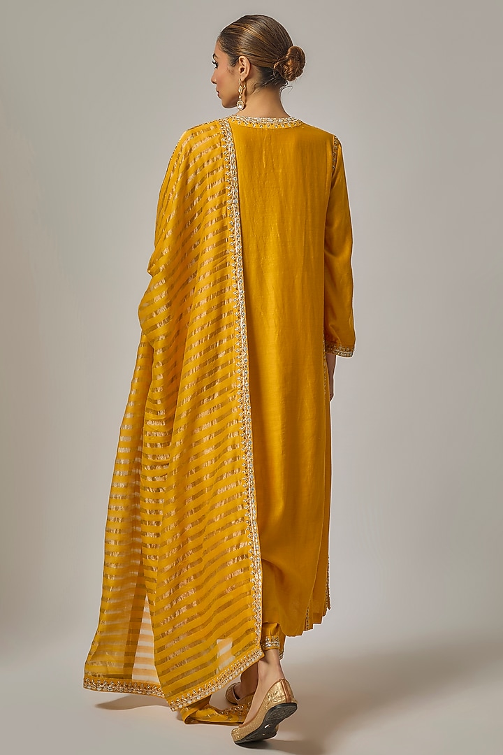 Turmeric Yellow Chanderi Zardosi Embroidered A-Line Kurta Set by Priyal Prakash at Pernia's Pop Up Shop
