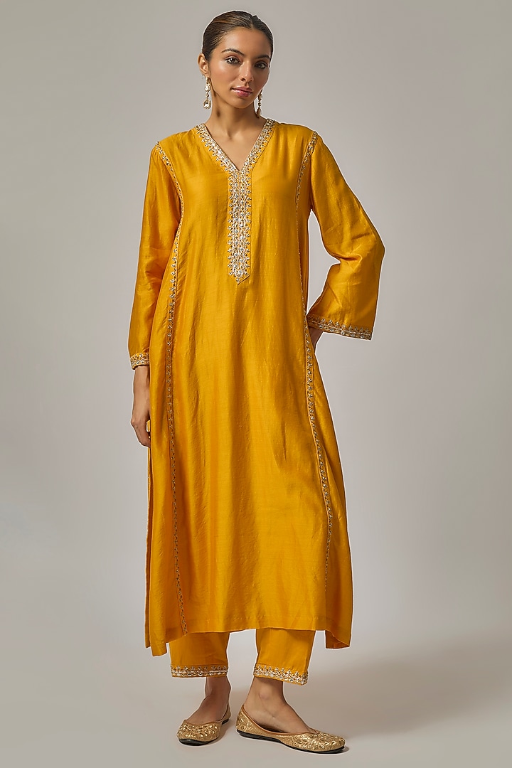 Turmeric Yellow Chanderi Zardosi Embroidered A-Line Kurta Set by Priyal Prakash at Pernia's Pop Up Shop