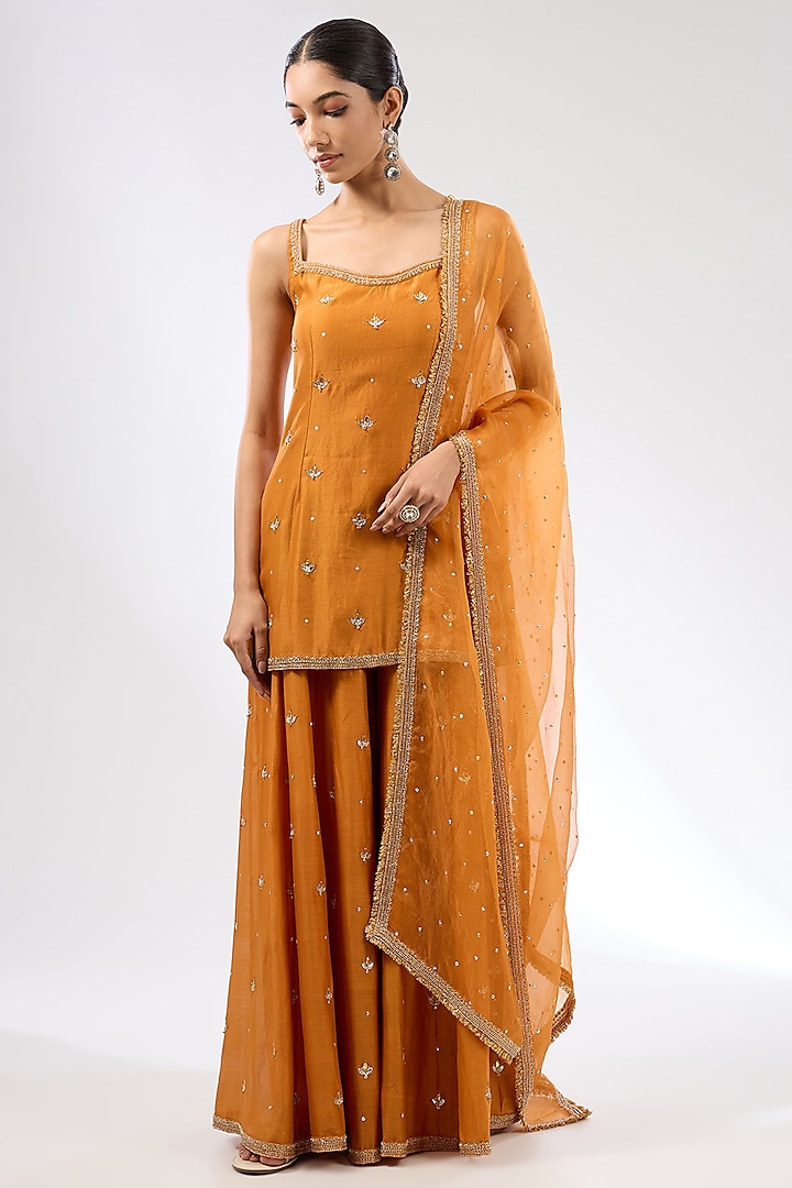 Burnt Orange Chanderi Zardosi Boota Embroidered Sharara Set by Priyal Prakash at Pernia's Pop Up Shop