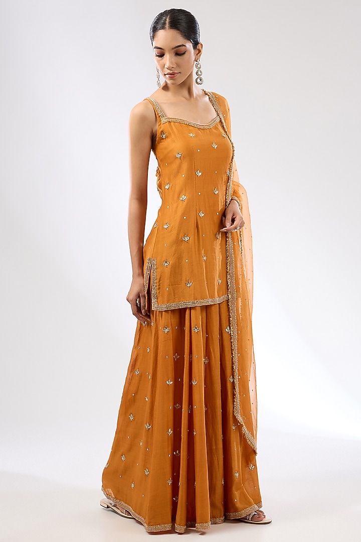 Burnt Orange Chanderi Zardosi Boota Embroidered Wedding Sharara Set by Priyal Prakash at Pernia's Pop Up Shop