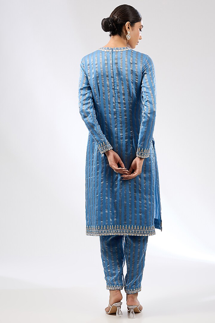 Cerulean Blue Zari Chanderi Zardosi Embroidered Kurta Set by Priyal Prakash at Pernia's Pop Up Shop