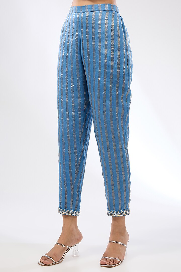 Cerulean Blue Zari Chanderi Zardosi Embroidered Kurta Set by Priyal Prakash at Pernia's Pop Up Shop