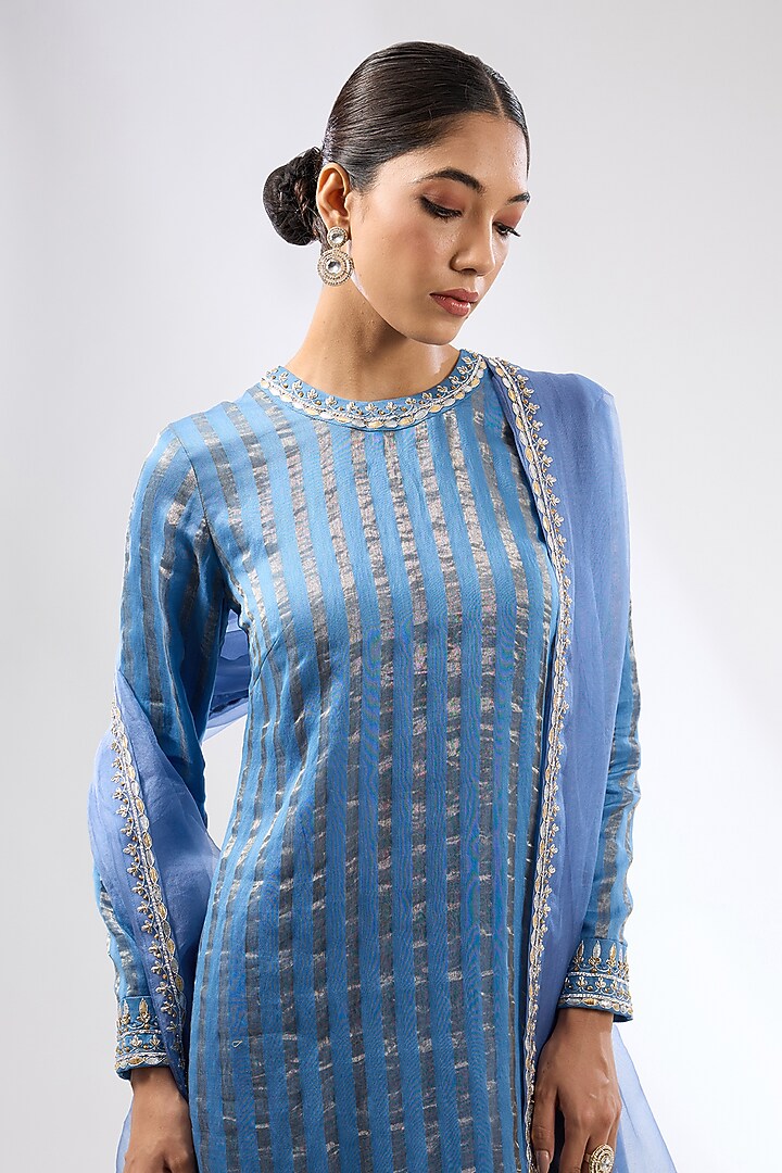 Cerulean Blue Zari Chanderi Zardosi Embroidered Kurta Set by Priyal Prakash at Pernia's Pop Up Shop