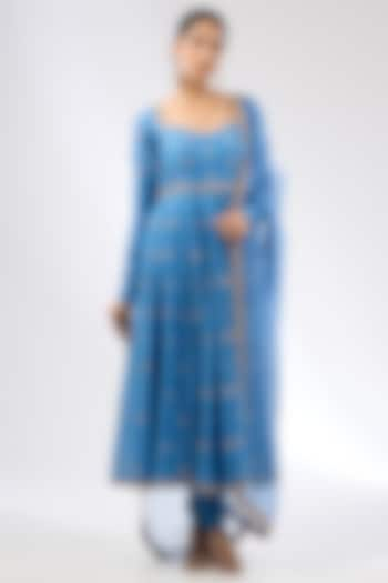 Cerulean Blue Chanderi Zardosi Embroidered Anarkali Set by Priyal Prakash at Pernia's Pop Up Shop