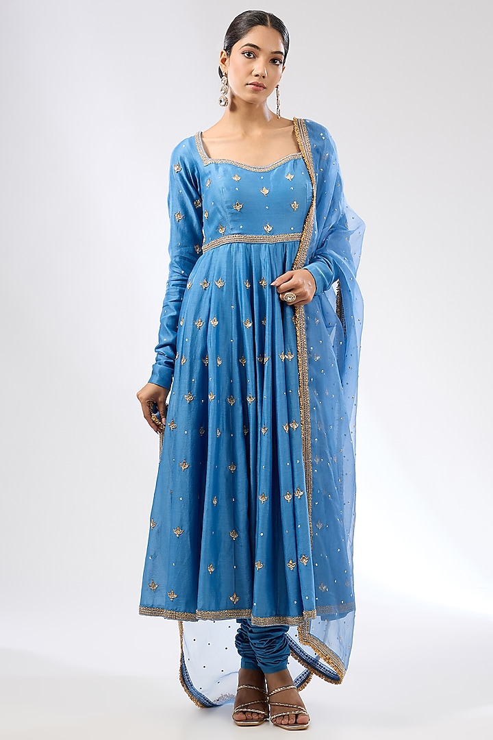 Cerulean Blue Chanderi Zardosi Embroidered Anarkali Set by Priyal Prakash at Pernia's Pop Up Shop