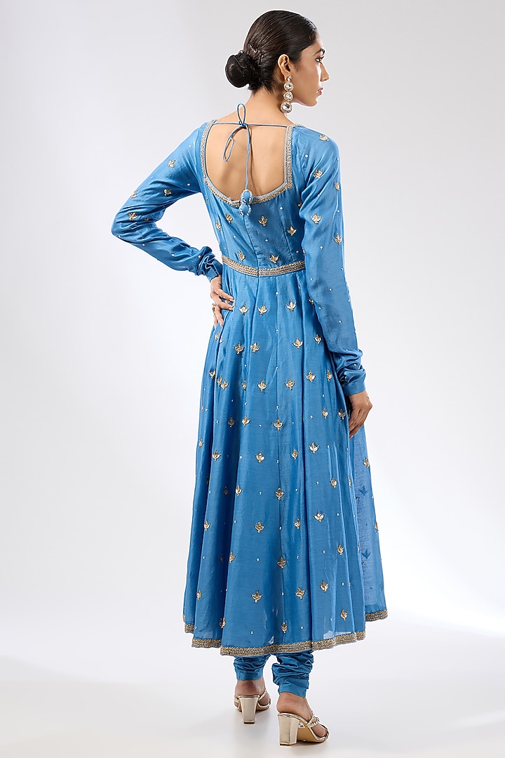Cerulean Blue Chanderi Zardosi Embroidered Wedding Anarkali Set by Priyal Prakash at Pernia's Pop Up Shop