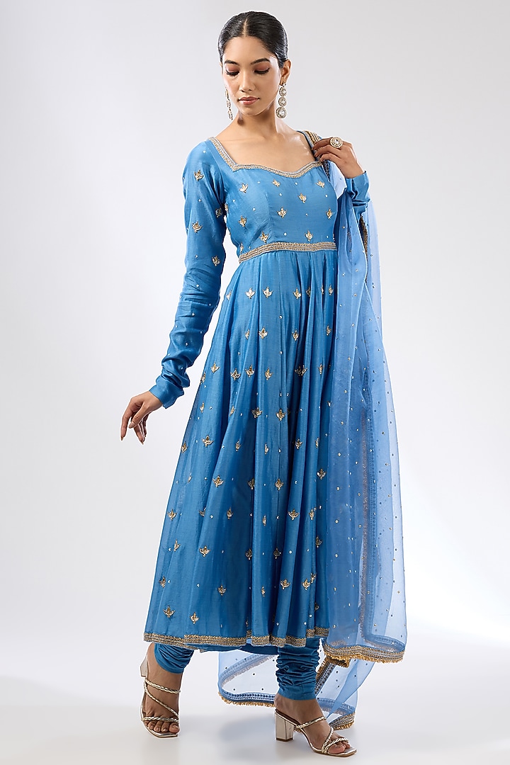 Cerulean Blue Chanderi Zardosi Embroidered Wedding Anarkali Set by Priyal Prakash at Pernia's Pop Up Shop