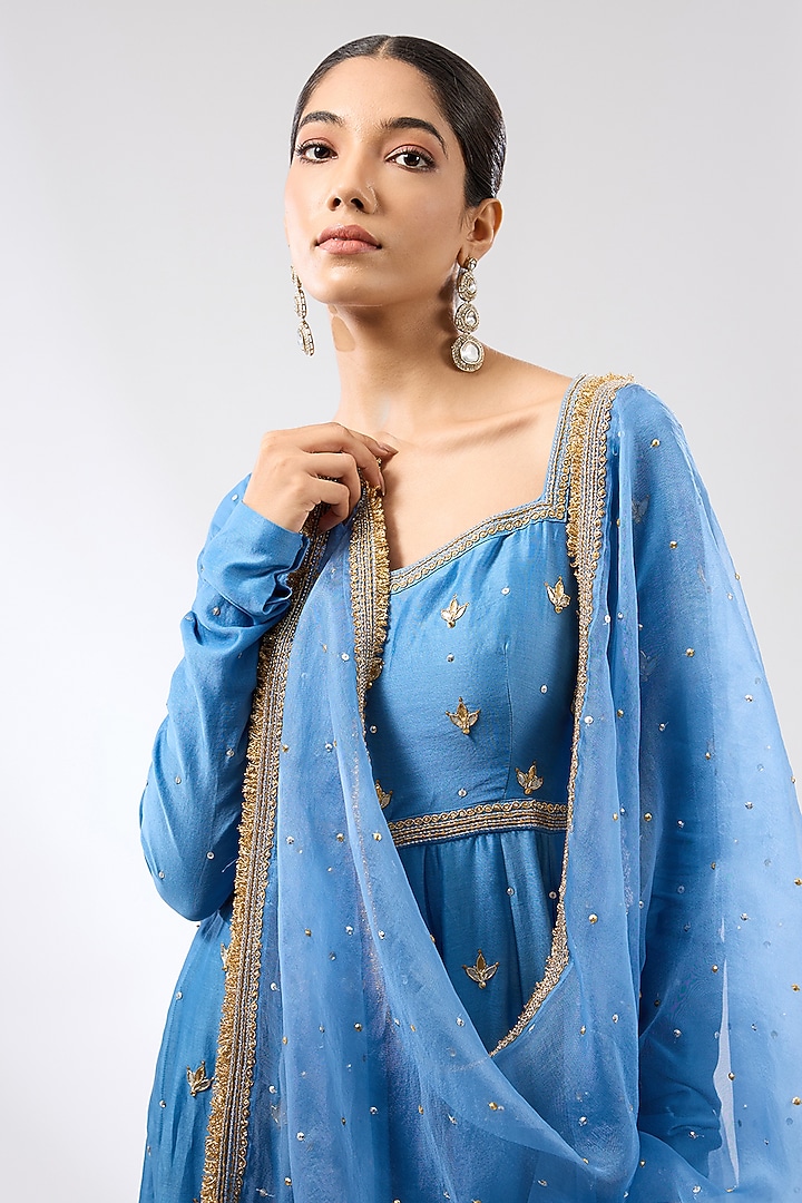 Cerulean Blue Chanderi Zardosi Embroidered Wedding Anarkali Set by Priyal Prakash at Pernia's Pop Up Shop