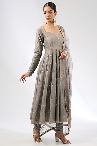Stone Grey Chanderi Zardosi Embroidered Anarkali Set by Priyal Prakash