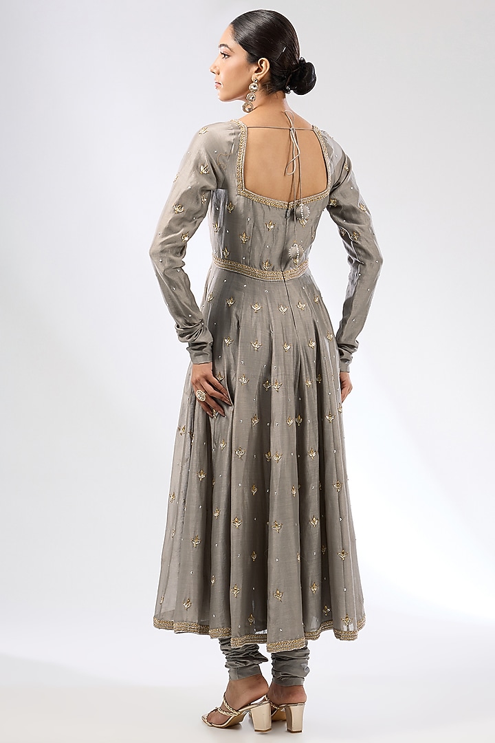 Stone Grey Chanderi Zardosi Embroidered Wedding Anarkali Set by Priyal Prakash at Pernia's Pop Up Shop