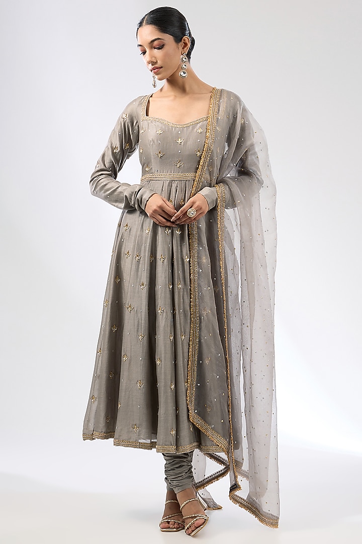 Stone Grey Chanderi Zardosi Embroidered Wedding Anarkali Set by Priyal Prakash at Pernia's Pop Up Shop