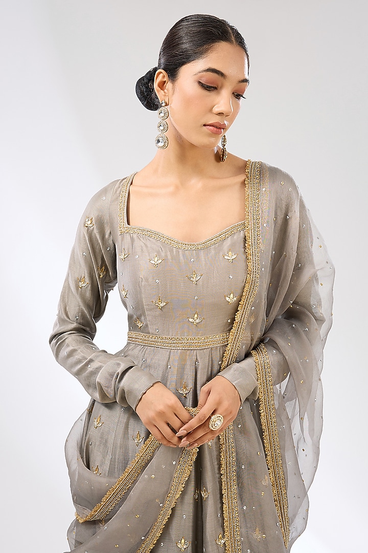 Stone Grey Chanderi Zardosi Embroidered Wedding Anarkali Set by Priyal Prakash at Pernia's Pop Up Shop