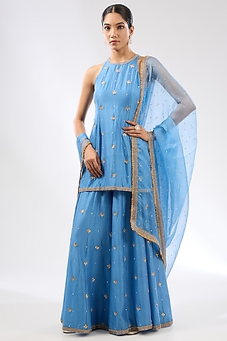 Cerulean Blue Chanderi Zardosi Boota Embroidered Sharara Set by Priyal Prakash