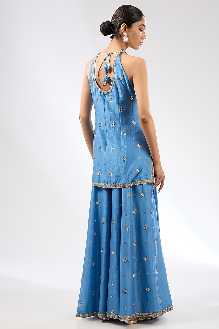 Cerulean Blue Chanderi Zardosi Boota Embroidered Wedding Sharara Set by Priyal Prakash at Pernia's Pop Up Shop